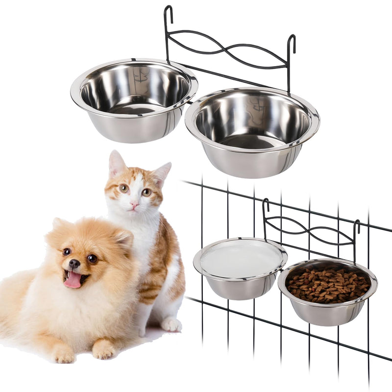 kathson Hanging Kennel Water Bowl Set, 2 Pcs Stainless Steel Metal Pet Cat Bowls for Crate Cage, Non Spill Food Water Bowls with Hook for Small&Medium-Sized Cats and Dogs(6.7 Inch Dia) - PawsPlanet Australia