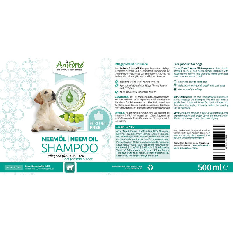 AniForte Neemöl Shampoo for dogs 500ml - dog shampoo fragrance-free, care product for itching, skin-friendly, caring and easy to comb, pleasant smell - PawsPlanet Australia