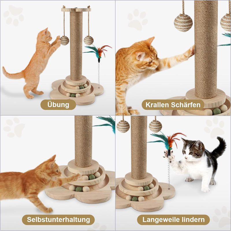 Vefhby Cat Toy 4 in 1 Cat Toy Self-employment, Sisal Rope Scratching Post with Hanging Balls, Interactive Cat Toy with Spring, Cat Toy Intelligence Solid Wood Flower - PawsPlanet Australia
