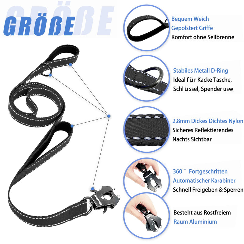 Reflective dog leash 1.8 m, robust nylon training leash with two soft padded handles and auto lock carabiners, control anti-pull leash for puppies, small, medium, large dogs, black, 6 ft 180 cm x 2.5 cm x 2.8 mm - PawsPlanet Australia