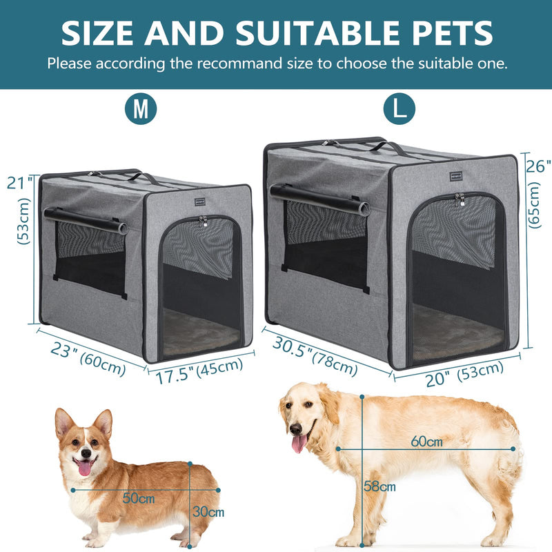 Petsfit Dog Crate Large, Portable Dog Travel Crate, Lightweight Fabric Dog Crate with Three Sides Mesh Window and Food Pocket for Medium and Large Dogs, Light Grey M:60cm x 45cm x 53cm - PawsPlanet Australia