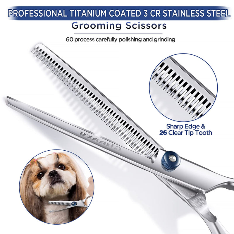 Gimars 4CR Stainless Steel Round Tips 3 in 1 Dog Grooming Scissors Set, Heavy Duty Grooming Trimmer Kit - Perfect Thinning, Curved Shears for Long Short Hair, Large Small Dogs Cat Pets - PawsPlanet Australia