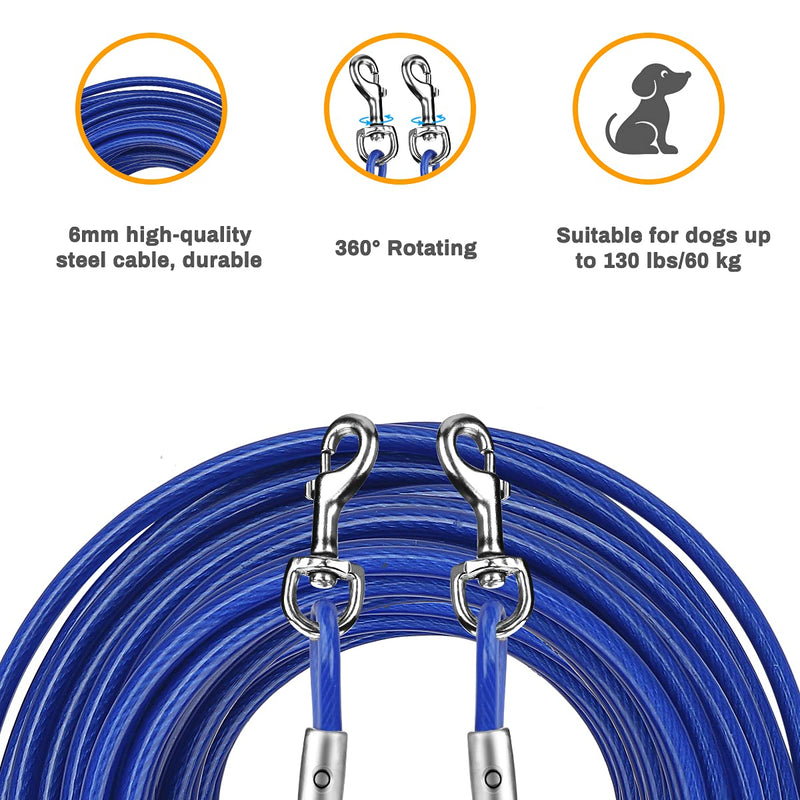 Yideng 32.8ft(10m) Dog Tie Out Cable with 17.7 in(45cm) Heavy Duty Spiral Ground Stake Spike, Extra Long Steel Dog Outdoor Tie Out Lead Leash for Dog Up to 130 lbs, with Carry Bag (Bule) Blue - PawsPlanet Australia