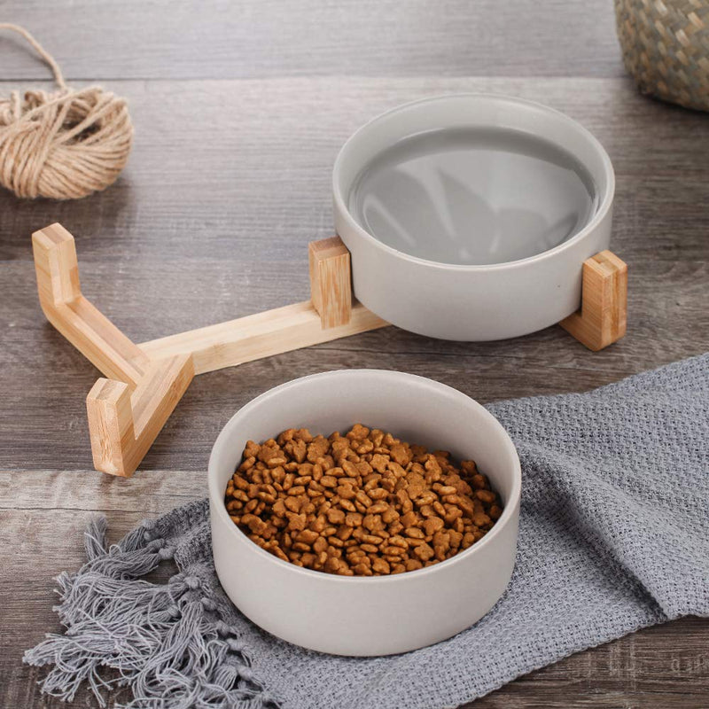 HCHLQLZ Grey Ceramic Cat Dog Bowl Dish with Wood Stand No Spill Pet Food Water Feeder Cats Small Dogs Set of 2 Grey ×2 - PawsPlanet Australia