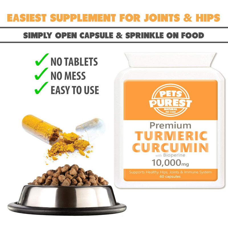 Pets Purest 100% Natural Premium Turmeric For Dogs 10,000mg with Active Bioperine Cats, Horses & Pets Powerful Antioxidant Supplement For Joints & Hips 60 capsules - PawsPlanet Australia