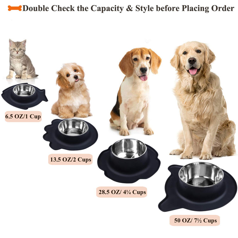 [Australia] - Vivaglory Puppy Bowls, 2 Pack Small Stainless Steel Dog Bowl for Food and Water with Spill Proof Pet Feeding Mat 6.5 oz x 2(Fish) Black 