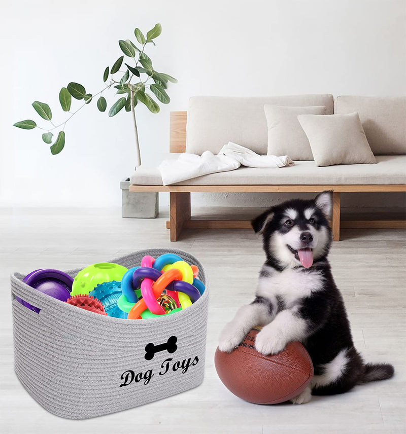Cotton rope dog toy box, puppy toy basket, puppies bone bin, dog toy box storage - Idea for organizing puppy small dogs toys, blankets, leashes, coats and clutter Dog Grey 2 - PawsPlanet Australia