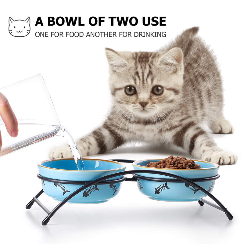 Y YHY Ceramic Raised Pet Cat Bowls, Cat Food Dishes and Water Bowls, 2 Cat Dishes, Gift for Cat and Puppy, Fish Bone Design, 355ML, Blue - PawsPlanet Australia