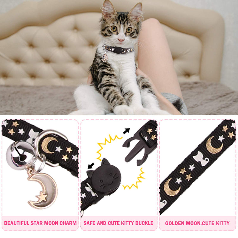Uteuvili 2 Pack Breakaway Cat Collar with Bell Gold Moons and Stars Safety Collar Kitten Collar with Charm Black+Pink - PawsPlanet Australia