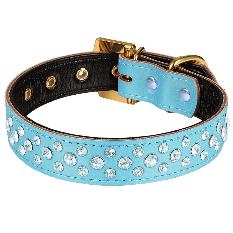 LOVPE Golden Rhinestone Buckle with 3 Rows Personalized Rhinestone Leather Bling Crystal Dog Collar for Dogs Small Medium Breeds (M, Blue) M - PawsPlanet Australia