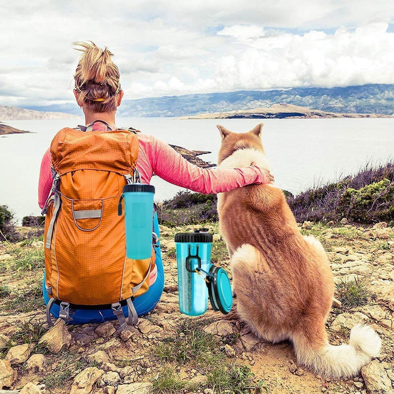 VANDA Pet Travel Water Bottle- Portable Drinking Bottle Feeder Dispenser and Food Container for Travel 2-in-1 Dual Chamber Bottle, with 2 Collapsible Bowls Dogs Cats Feeder Outdoor Travel Take a Walk Blue - PawsPlanet Australia