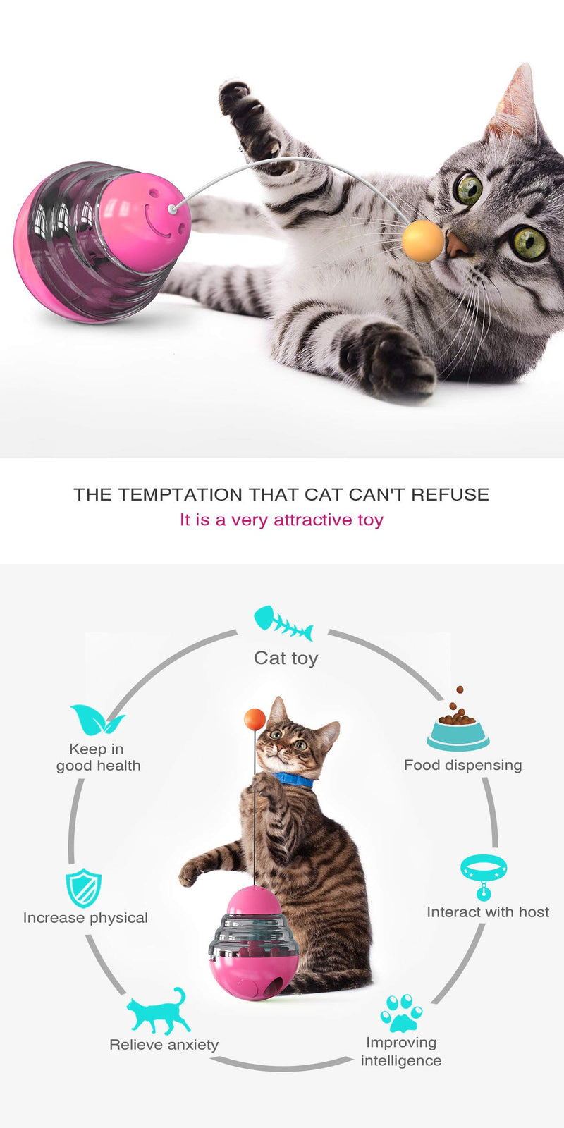 [Australia] - 3T6B Cat Tumbler Toy, Cat Tumbler Food Dispenser Toy Cat Fodder Leaky Ball Puzzle Toy Pet Interactive Toy Pink 