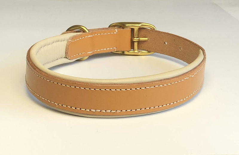 KLASSY K9 SEDGWICK BRIDLE LEATHER PADDED DOG COLLAR IN LONDON TAN WITH CREAM LEATHER PADDING LARGE 19"-23" 48CM-58CM WITH BRASS ACCESSORIES - PawsPlanet Australia