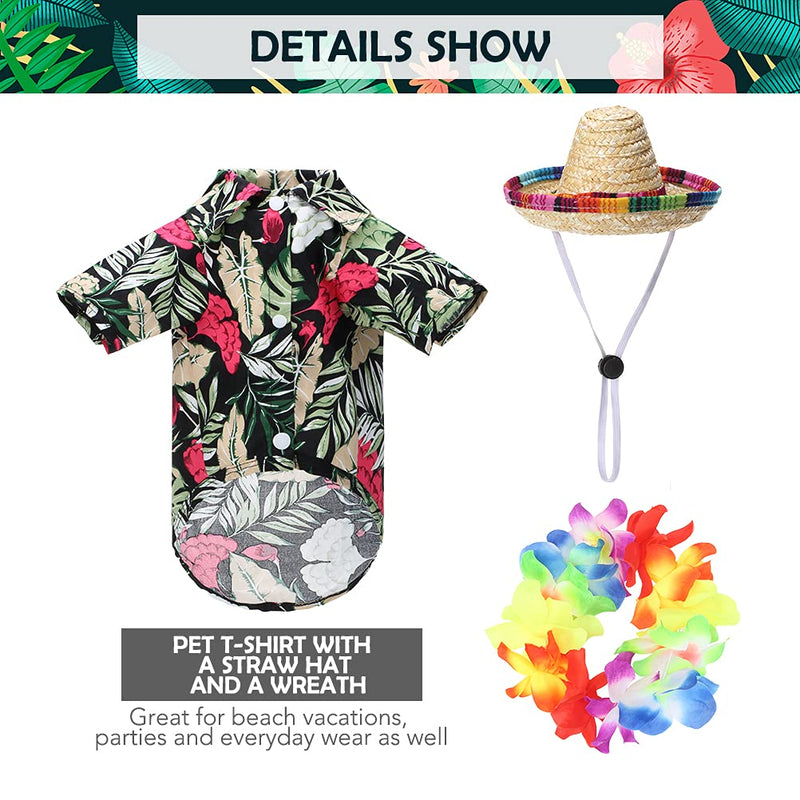 EXPAWLORER Hawaiian Dog T-Shirt Set - Summer Pet Clothes Apparel with Straw Hat and Garland for Small Medium Large Dogs Black - PawsPlanet Australia