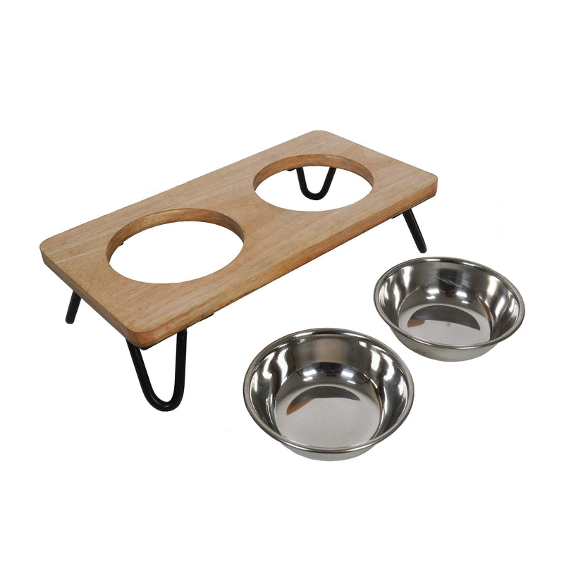 Rosewood Raised dog bowl for small and medium dogs and cats with a sturdy elevated stand and two stainless steel water and food bowls, Medium - PawsPlanet Australia