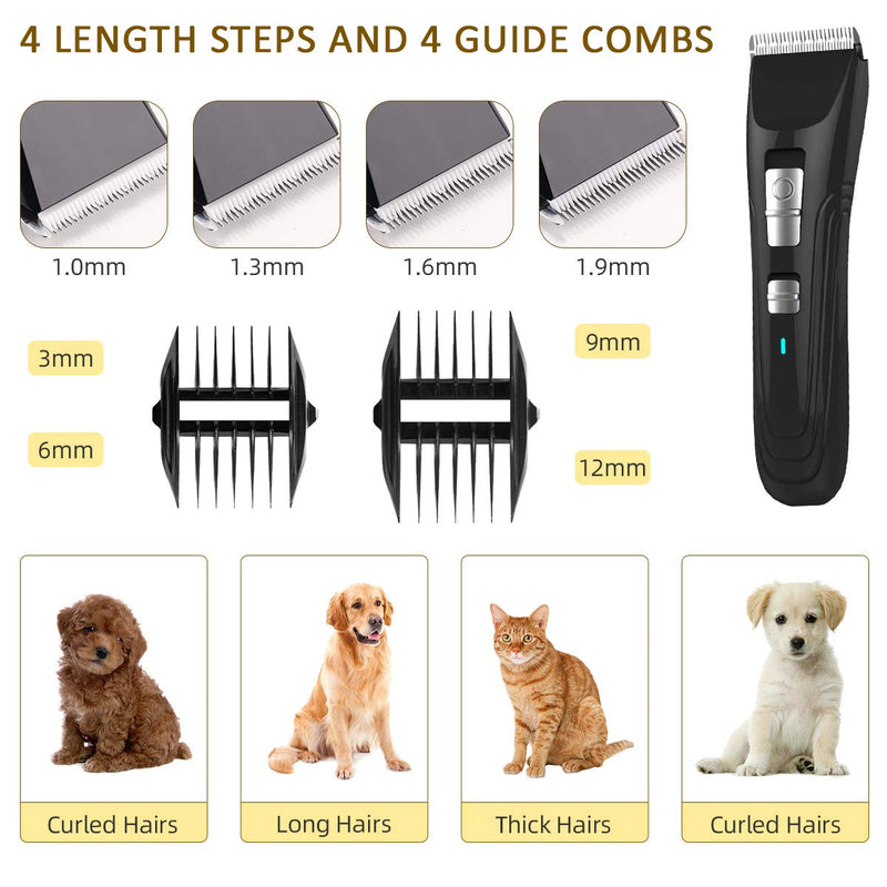 Dog Grooming Clippers Low Noise Dog Hair Clippers Cordless Rechargeable Dog Hair Trimmer Pet Grooming Kit with 4 Length Guard Combs + Pro Accessories Silent Electric Hair Clipper for Animal- Black - PawsPlanet Australia