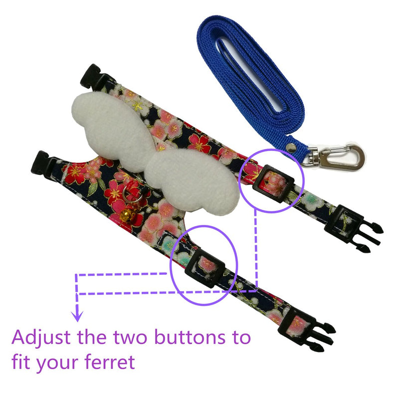 Ferret Harness and Leash Adjustable, Blue Sakura Cotton Cloth Ferret Walking Vest, Soft and Breathable Ferret Lead Leash with Angel Wings and Safe Bell - PawsPlanet Australia