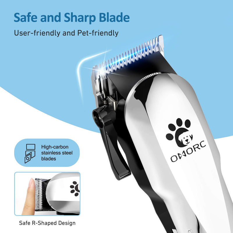 OMORC Dog Clippers with 24V Powerful Motor, Plug-in & Quiet Professional Dog Grooming Kit, Dog Hair Trimmer with 8 Comb Guides, Pet Grooming Clippers for Thick Coats Dogs Cats Horse & Others Silver - PawsPlanet Australia