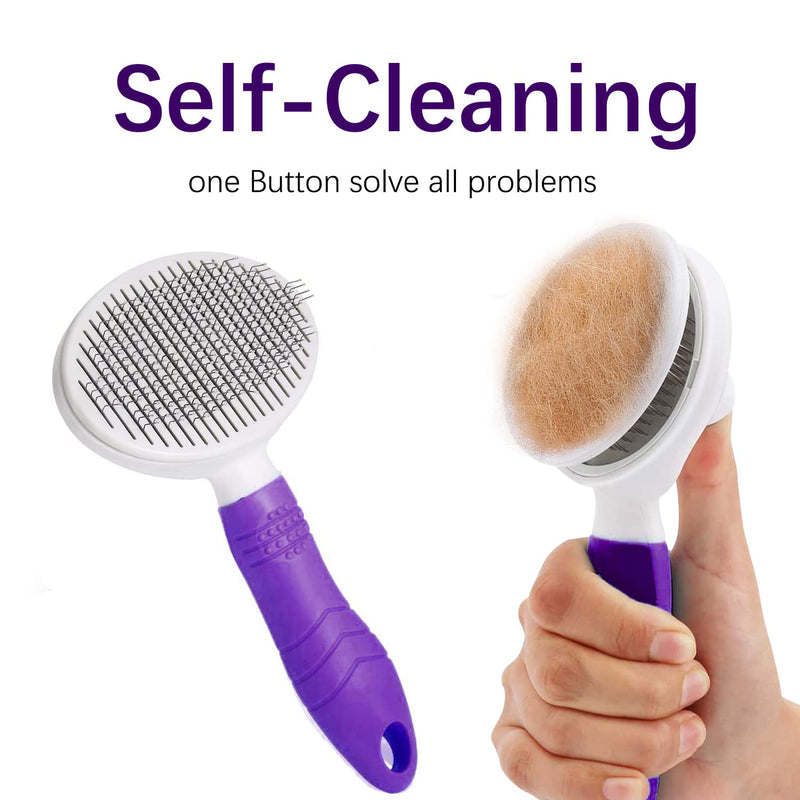 Cat Grooming Brush, Self Cleaning Slicker Brushes for Dogs Cats Pet Grooming Brush Tool Gently Removes Loose Undercoat, Mats Tangled Hair Slicker Brush for Pet Massage-Self Cleaning (Purple) - PawsPlanet Australia