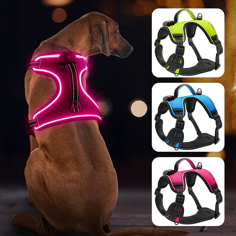 Bpawser Light Up Dog Harness LED Dog Harness No-Pull with Handle Rechargeable Lighted Dog Vest Harness Dog Harness for X-Small Small Medium Large X-Large Size (Pink,L) L Pink - PawsPlanet Australia