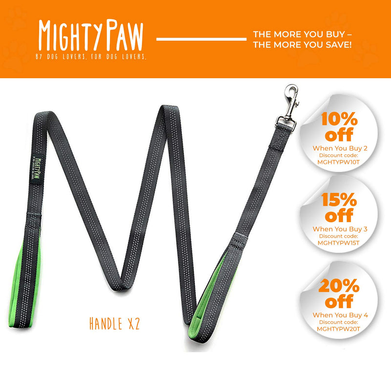 [Australia] - Mighty Paw HandleX2, Dual Handle Dog Leash - 6 Feet, Premium Quality Reflective Leash with 2 Handles. Grey/Green 