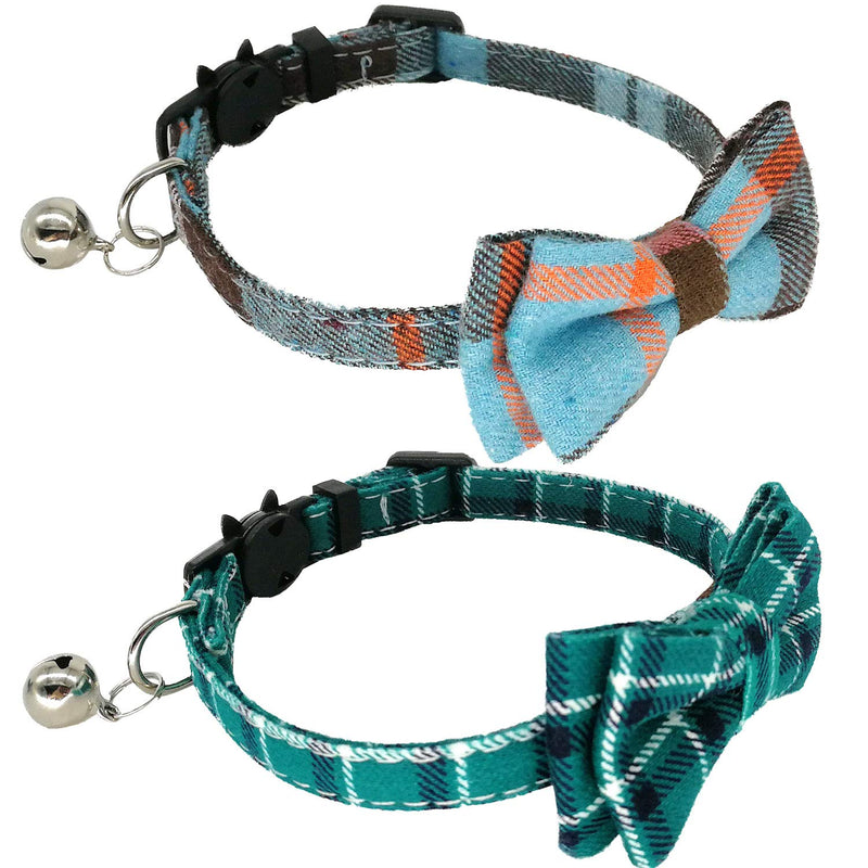 [Australia] - KUDES 2 Pack/Set Cat Collar Breakaway with Cute Bow Tie and Bell for Kitty and Some Puppies, Adjustable from 7.8-10.5 Inch Cyan-blue+Blue-gray Plaid 