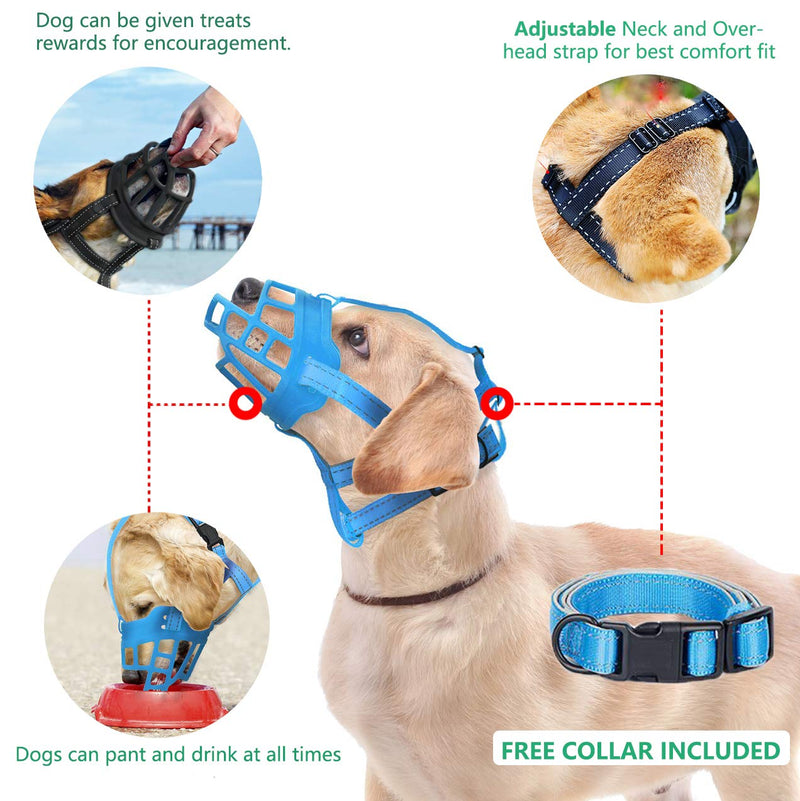 Dog Muzzle, Soft Silicone Basket Muzzle for Dogs, Allows Panting and Drinking, Prevents Unwanted Barking Biting and Chewing, Included Collar and Training Guide 1 (Snout 7-8") Blue - PawsPlanet Australia