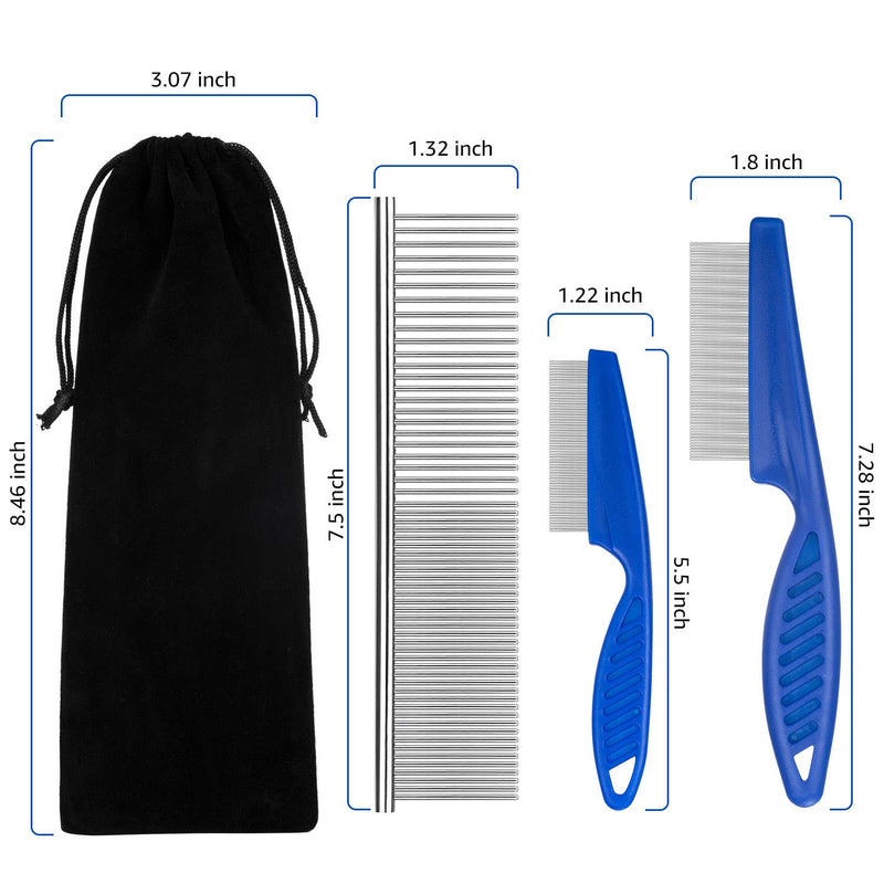 BENSEAO Flea Comb for Cats Dog Comb Lice Comb Metal Teeth Durable Tear Stain Dog Combs Remove Float Hair Combing Tangled Hair Dandruff Pet Comb Grooming Set 3 Pieces Add Storage Pouch (Blue) Blue - PawsPlanet Australia