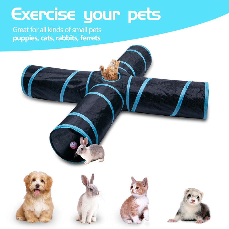 Sheldamy Cat Tunnel, S-4/5 Way 4 Way Cat Tunnels for Indoor Cats, Collapsible Cat Play Tunnel, Interactive Toy Maze Cat House with 1 Play Ball for Cats, Puppy, Kitty, Kitten, Rabbit 4-way Black & Blue - PawsPlanet Australia