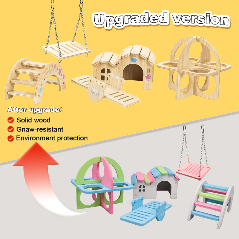 Omawrf Dwarf Hamsters House DIY Wooden Gerbil Hideout Bridge Swing and Chinchilla Seesaw, Pet Sport Exercise Toys Set, Sugar Glider Syrian Hamster Cage Accessories, Suitable for Small Animal H01 - PawsPlanet Australia