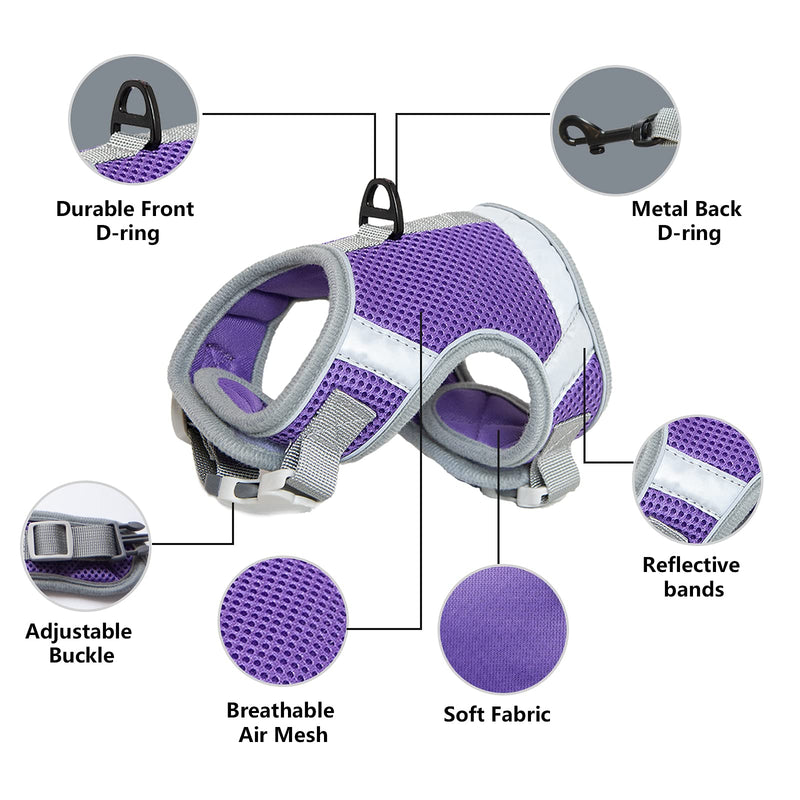 PESNR Soft Dog Harnesses for Small Dogs Reflective Puppy Cat Harness and Leash Set Adjustable Pet Harness for Outdoor Walking Training Purple S - PawsPlanet Australia