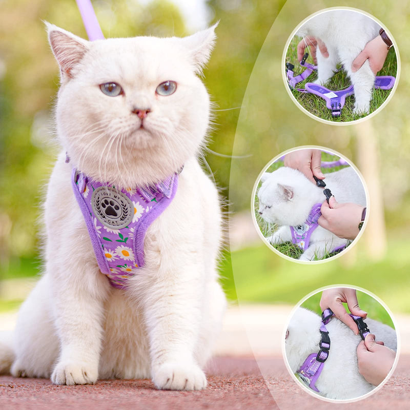 BEAUTYZOO Cat Harness and Leash Set for Walking Escape Proof, Neck Release Adjustable Harness for Kitten Puppy Small Medium Large Cats, Soft Cute Easy Control Small Cat Harness for Cats Boy and Girls M (Chest: 12 - 19") Purple - PawsPlanet Australia