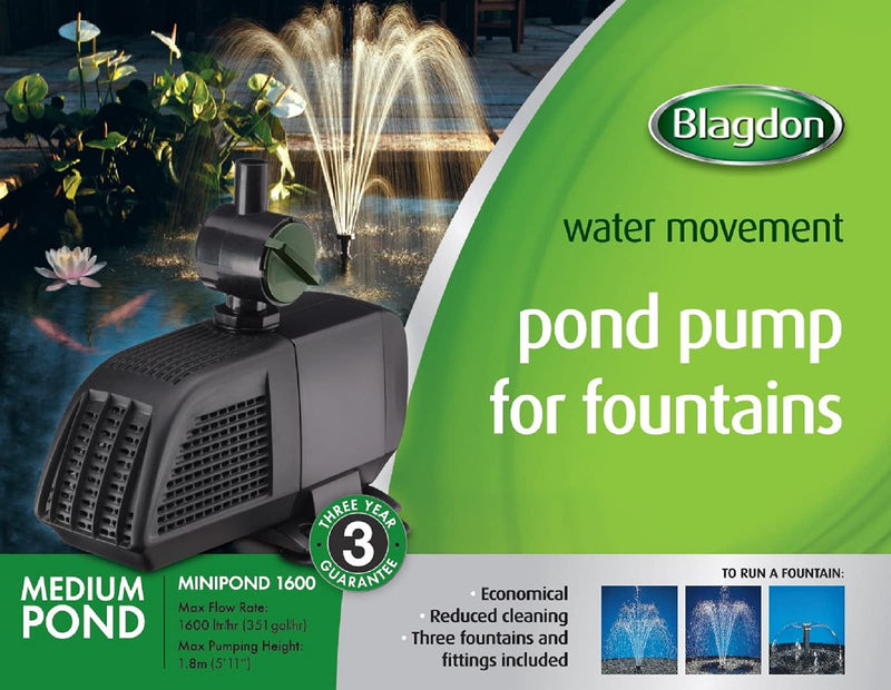 Blagdon Minipond Pond Pump 1600 (to Run Fountains for Medium Ponds up to 3582 Litre), 3 Fountain Heads - PawsPlanet Australia