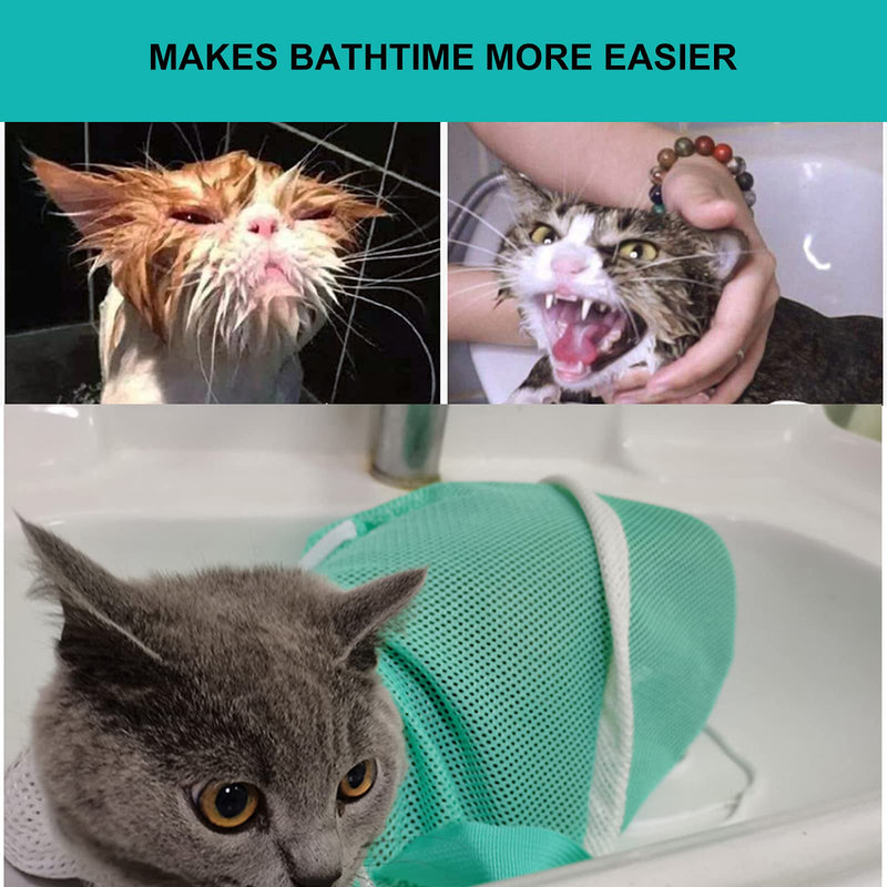 ISMARTEN Cat Shower Net Bag Cat Grooming Bathing Bag, Adjustable Multifunctional Breathable Anti-Bite and Anti-Scratch Restraint Bag Cat Washing Shower Bag for Bathing, Nail Trimming,Injection Green - PawsPlanet Australia