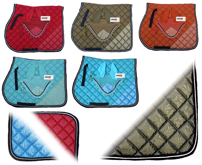 NASX Sports Luxury Saddle Pad with Matching Diamante Fly Veil Set Ear Bonnet Padded (FULL, BLUE) FULL - PawsPlanet Australia