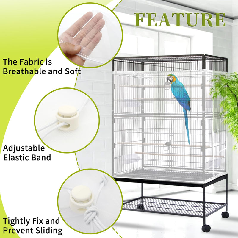 Daoeny Bird Cage Seed Catcher, Large Bird Cage Cover, Adjustable Soft Airy Nylon Mesh Net, Birdcage Cover Skirt Seed Guard for Parrot Parakeet Macaw African Round Square Cages (White) White - PawsPlanet Australia