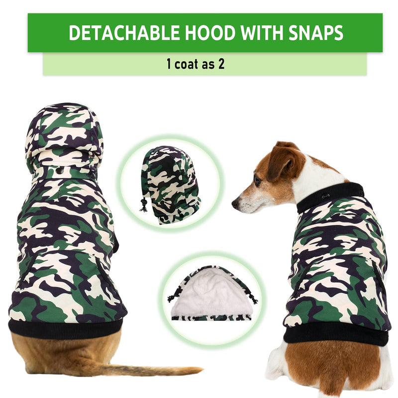 AOFITEE Fleece Dog Hoodie Coat Winter Warm Dog Jacket, Camouflage Print Pet Vest with Detachable Hood, Outdoor Windproof Cold Weather Dog Apparel Camo Padded Clothes for Small Medium Large Dogs Green Camouflage - PawsPlanet Australia