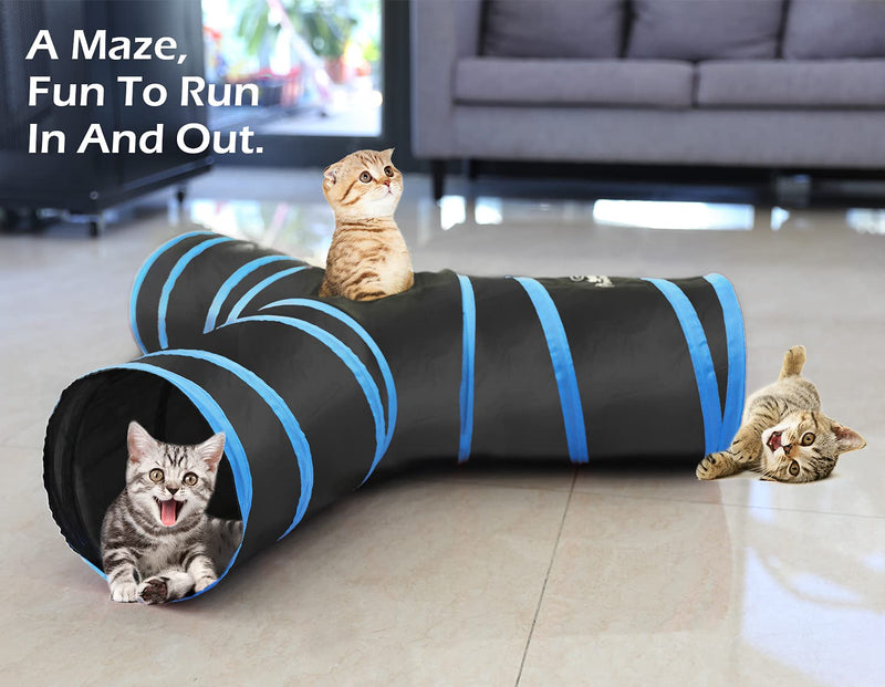Pawaboo Cat Tunnel - Foldable 3-Way Cat Tunnel Cat Play Tunnel Play Tunnel Rustling Tunnel Cat Toy with Pompon and Bells for Dogs, Puppies, Rabbits, 25 * 40cm, Black and Light Blue 3-Way Blue - PawsPlanet Australia