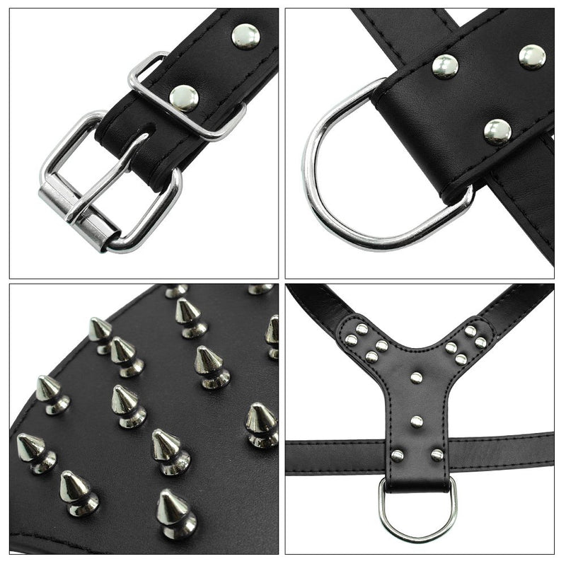 haoyueer Leather Sharp Spiked Studded Medium & Large Dog Collars, Harnesses 2Pcs Matching Set for Pit Bull,Mastiff, Boxer, Bull Terrier (L, Black) L - PawsPlanet Australia