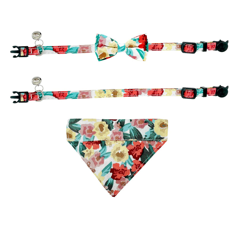 KUDES 2 Pack Breakaway Cat Collar with Removable Bow Tie and Bandana, Cute Floral Pattern Kitten Bowtie Collar Bandana Collar with Bells for Cats Puppy, Adjustable from 7.5-10.8 Inch (Colorful Flower) Colorful Flower - PawsPlanet Australia
