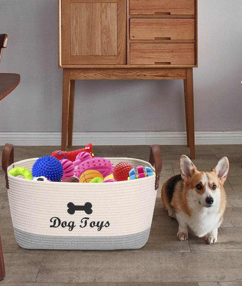 Large cotton dog toy basket, 16.5"x10.6"x 7.5" puppy toy basket, puppy bins, pet organizer, laundry basket storage bin - Perfect for organizing pet toys, blankets, leashes, coat and stuff - Beige Gray - PawsPlanet Australia