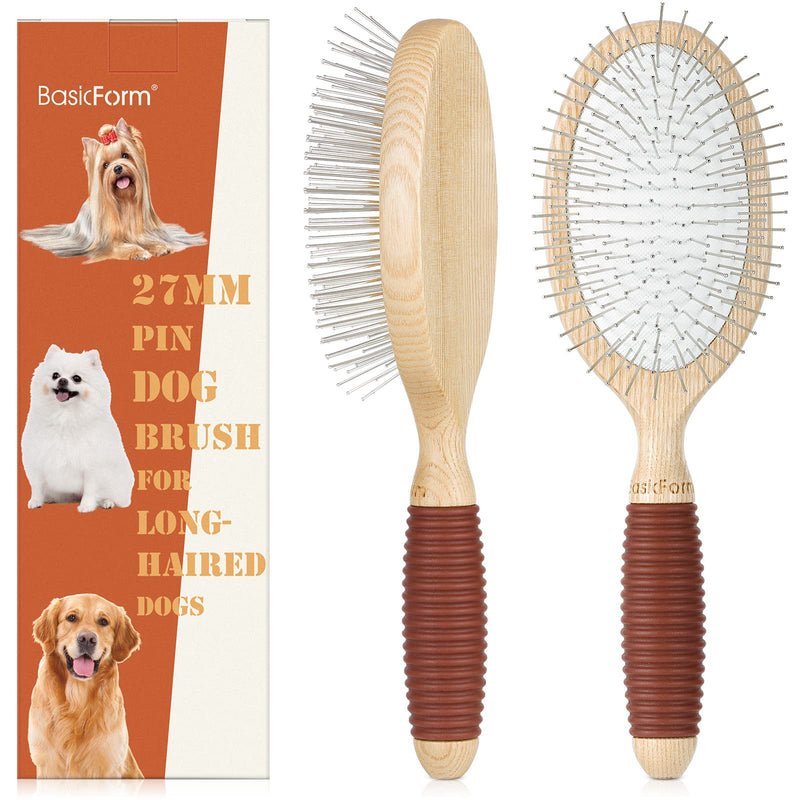 BasicForm Dog Brush, Pin Brush for Dogs with 27mm Extra Long Stainless Steel Pins, Dog Pin Brush for Longhaired Dogs, Dog Grooming Brush - Ash Wood Material, Non-Slip Rubber Handle, Round-Tipped Pins - PawsPlanet Australia