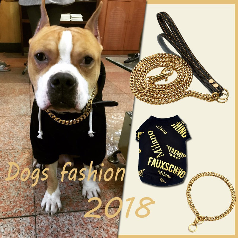 [Australia] - Abaxaca 4ft Dog Leash Metal Long 18K Gold Chew Proof Indestructible Cool Best Leash Chain Link for Pet Durable Large with Leather Handle Thick Sainless Steel 