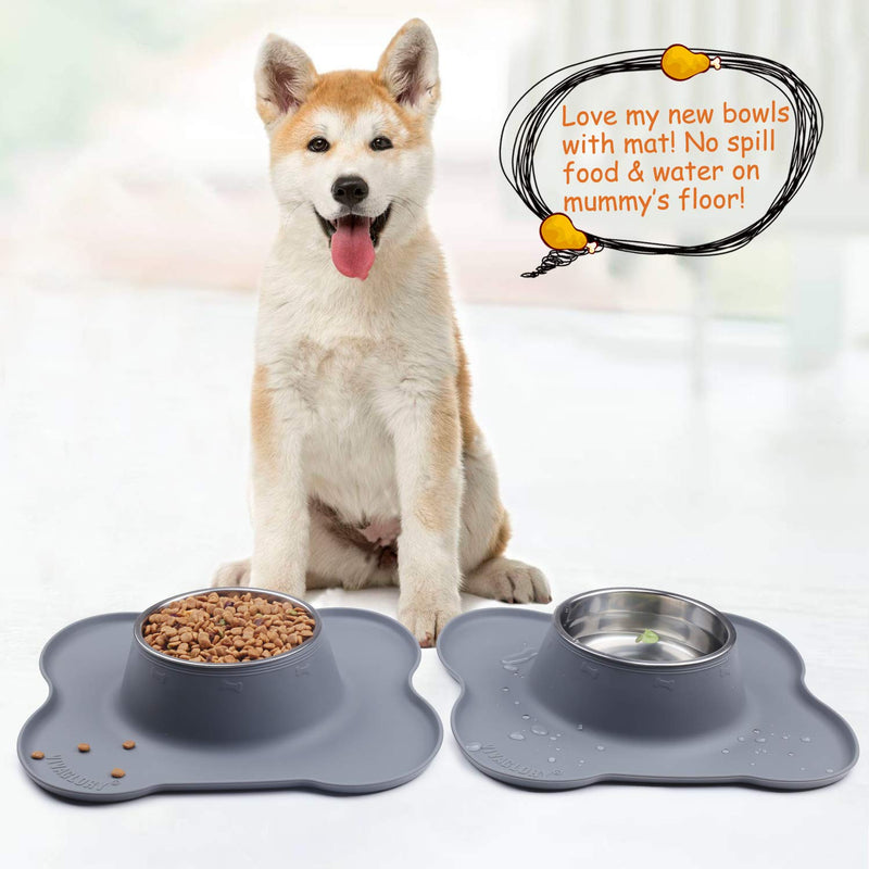 VIVAGLORY Medium Dog Bowls Set, 2 Pack Puppy Bowls with Non Spill Silicone Mat and Food Grade Stainless Steel Water and Food Feeding Bowl for Kitty Puppy Cat Dog, Grey 850ml each - PawsPlanet Australia