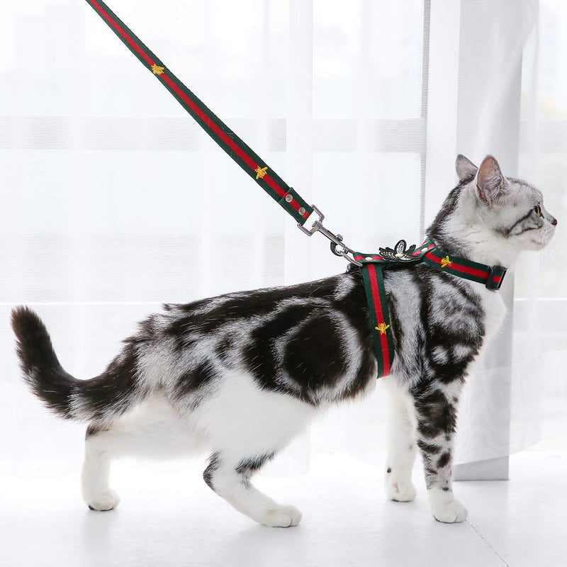 Cat Harness with Leash Set- Adjustable Embroidered Bee H Style Harness and Leash for Walking (M, Green) M - PawsPlanet Australia