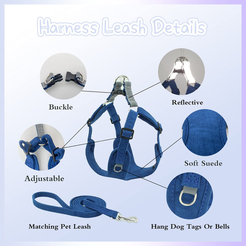 PETPUBGNZS No Pull Soft Suede Dog Harness and Leash Set Lightweight Adjustable Reflective Chest Harness for Puppy Small Medium Large Dogs Cats Big Dogs Vest Harness (Blue,XXS) XXS(Chest:12"-15".Neck:11"-12") blue - PawsPlanet Australia