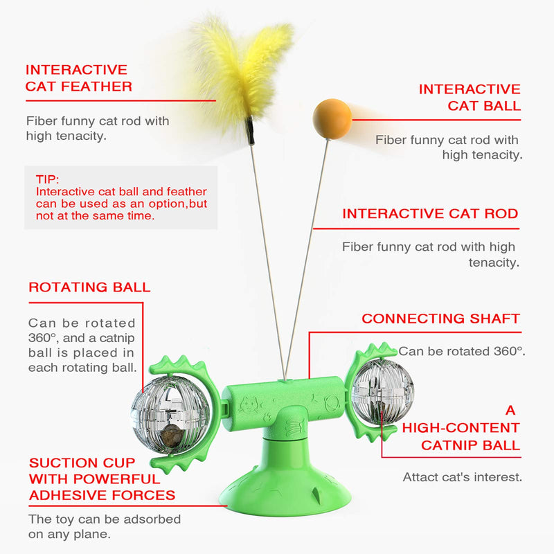 [Australia] - 3 in 1 Windmill Cat Toy Turntable Teasing Interactive Cat Toys for Indoor Cats With Feather Funny Cat Self Play Toys With Suction Cup, Quiet Rotatable Catnip Toys Cat Teasing Ball Toy For Kittens Green 