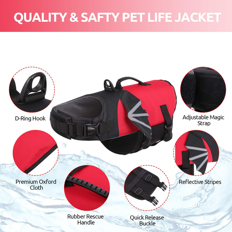 Dog Life Jacket, Adjustable Pet Safety Preserver Lifesaver Vest with Rescue Handle Swimsuit for Small Medium Large Dogs XS Red X-Small - PawsPlanet Australia