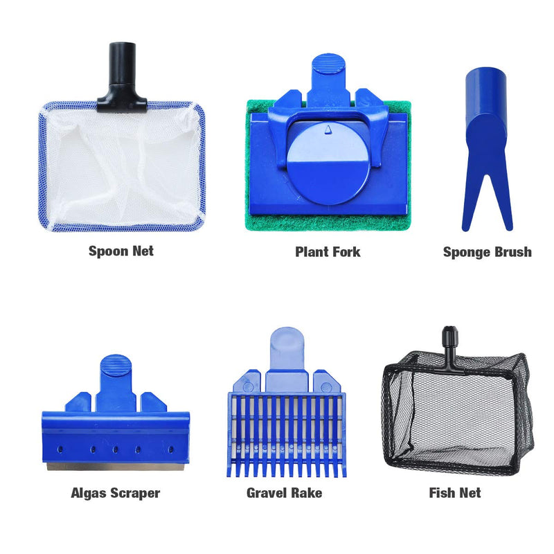 [Australia] - Songway 6 in 1 Aquarium Fish Tank Clean Set/Fish Net + Spoon Net + Gravel Rake +Plant Fork + Scraper + Sponge + Connector/Fish Tank Clean Maintenance Tools kit 