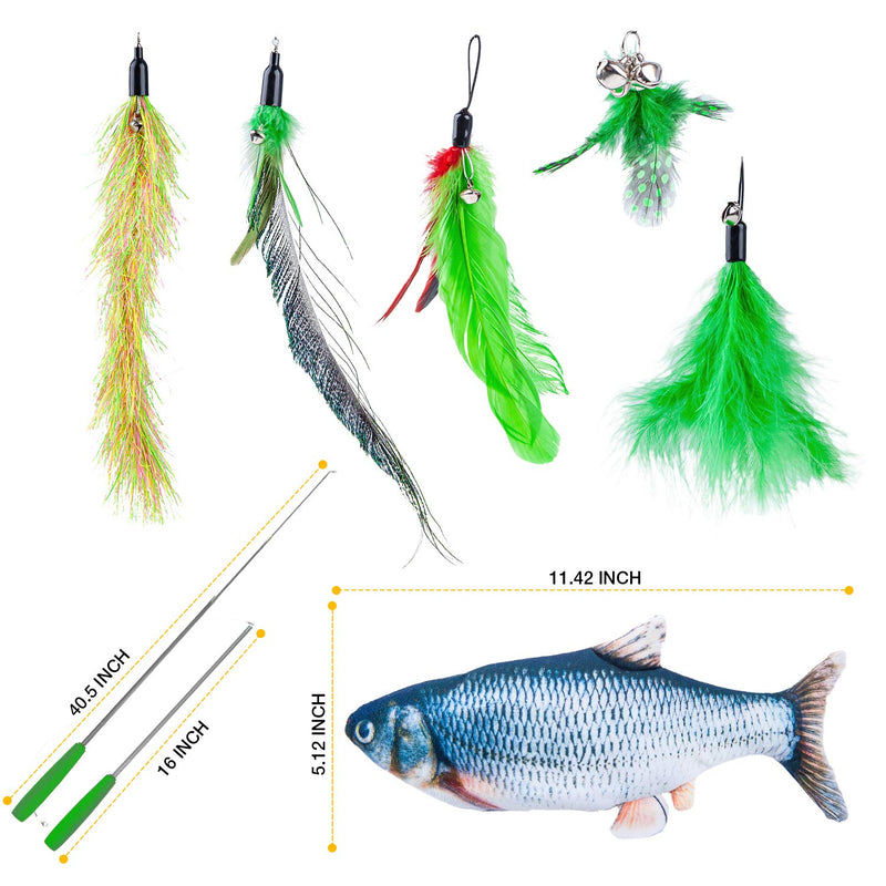 7pcs Cat Fishing Pole Feather Toy Set - Retractable Cat Teaser Wand with 5 Cat Feather Toys for Indoor Cats, Electric Flopping Fish Cat Toy with Catnip Funny Interactive Cat Toys, Gift for Pets Green - PawsPlanet Australia